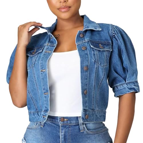 Chaqueta de Mezclilla de Verano para Mujer Vintage Chaqueta Vaquera de Manga Corta Abullonada con Botones Mujeres Chaqueta Vaquera Corta Lavada de Solapa L