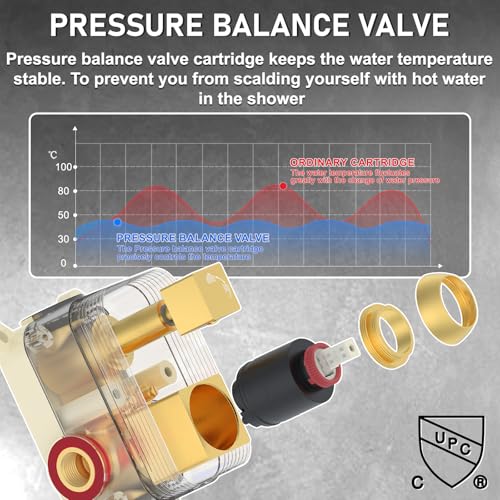 Image of Iriber Brushed Gold Rain Shower System with 12 Inch Shower Head and Handheld shower Bathroom Wall Mounted Golden Shower Set Contain Shower Faucet Mixer Valve and Trim Kit (Valve Cartridge Included)