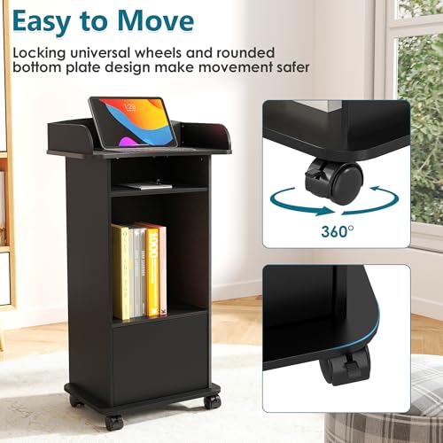 Qriocioa Podium Stand with Wheels Wooden Lectern Podium Stand Portable Pulpit Standing with Storage Mobile Reception Podiums Desk for Church Office School Conference Restaurant Meeting, Black - Thumbnail 6