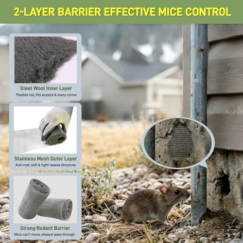 Image of Steel Wool Mice Control, 3 Pack 3''x11.5Ft Steel Wool & 1 Pack 5''x15Ft Stainless Steel Wire Mesh with Gloves, Scissors & Wood Stick, Mouse Hole Filler DIY Kit for House & Garage, Wall Gaps