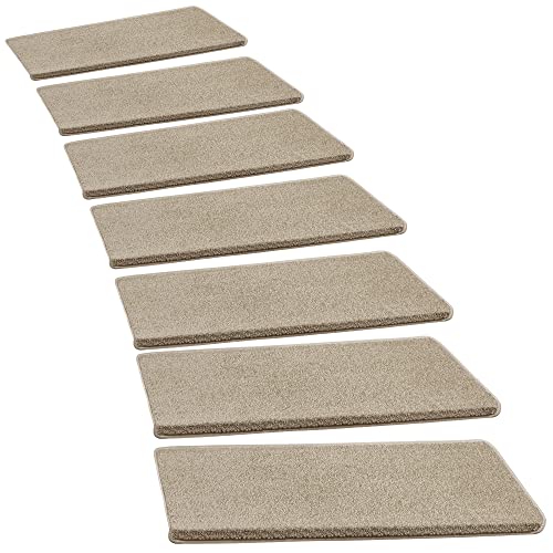 PURE ERA Bullnose Carpet Stair Treads Set Tape Free Non-Slip Indoor Stair Protectors Pet Friendly Rugs Covers Soft Skid Resistant Washable Reusable 9.5' x 30'x1.2' (14 Pieces, Cream Gray)