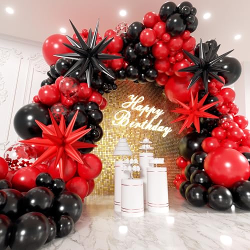 EICUECUE Red and Black Balloons Garland Arch Kit with Stars 200Pcs - 5 10 12 18 22inch Balloon and Confetti Balloons for 2025 Graduation Birthday Anniversary BBQ Casino New Year Prom Party Decorations
