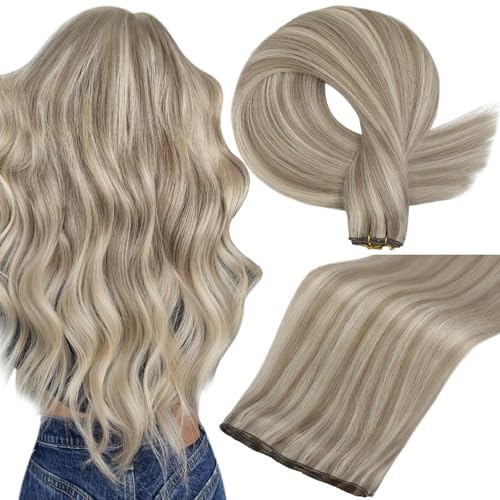 Full Shine 22 Inch Human Hair Weft Sew In Hair Extensions Real Human Hair Hand Tied Hair Extensions Color Ash Blonde Highlight Bleach Blonde Bundles Straight Human Hair 60G