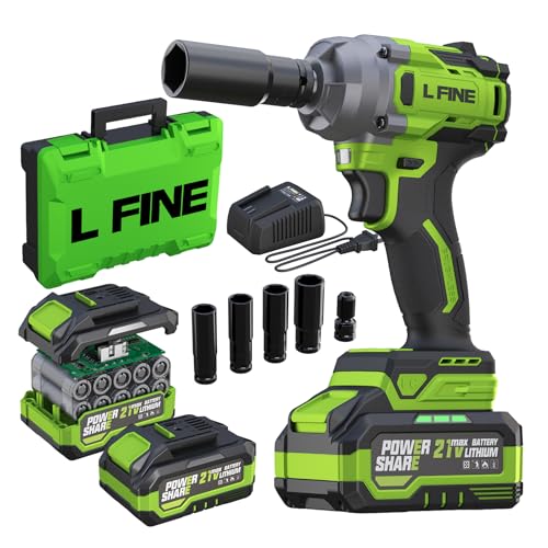 L FINE Cordless Impact Wrench 1/2 inch, 600N.m (405Ft-lbs) Power Impact Drill Kit Tools, 3200RPM High Torque Brushless Motor Impact Driver, 2 x 4.0Ah Battery, 5 Sockets, Charger, Electric Impact Gun