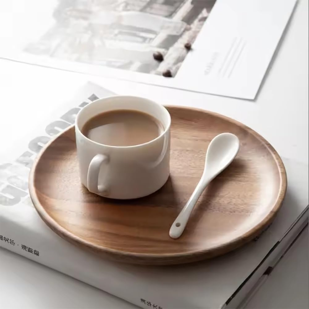 NEWFUN 4 Assiettes Rondes en Bois, Assiettes à Snacks, 25 CM, Plateau en Bois d'acacia, Décoration de Table, Objet Décoratif fait Main,Cadeau de Bienvenue