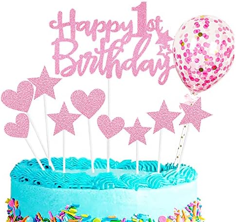 Zayin Personalised Happy 8th Birthday Cake Topper Set,Happy Birthday Sign for Cake,11p Glitter Balloon Stars Heart Cupcake Topper 8th Birthday Cake Party Decoration(8 year old, Pink)