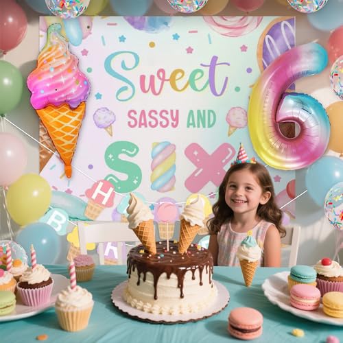 Image of Sweet Sassy and Six Birthday Decorations for 6 Year Old Girl Birthday Party Decor Ice Cream Donut Backdrop Balloons Macaron Baby Shower Party Supplies