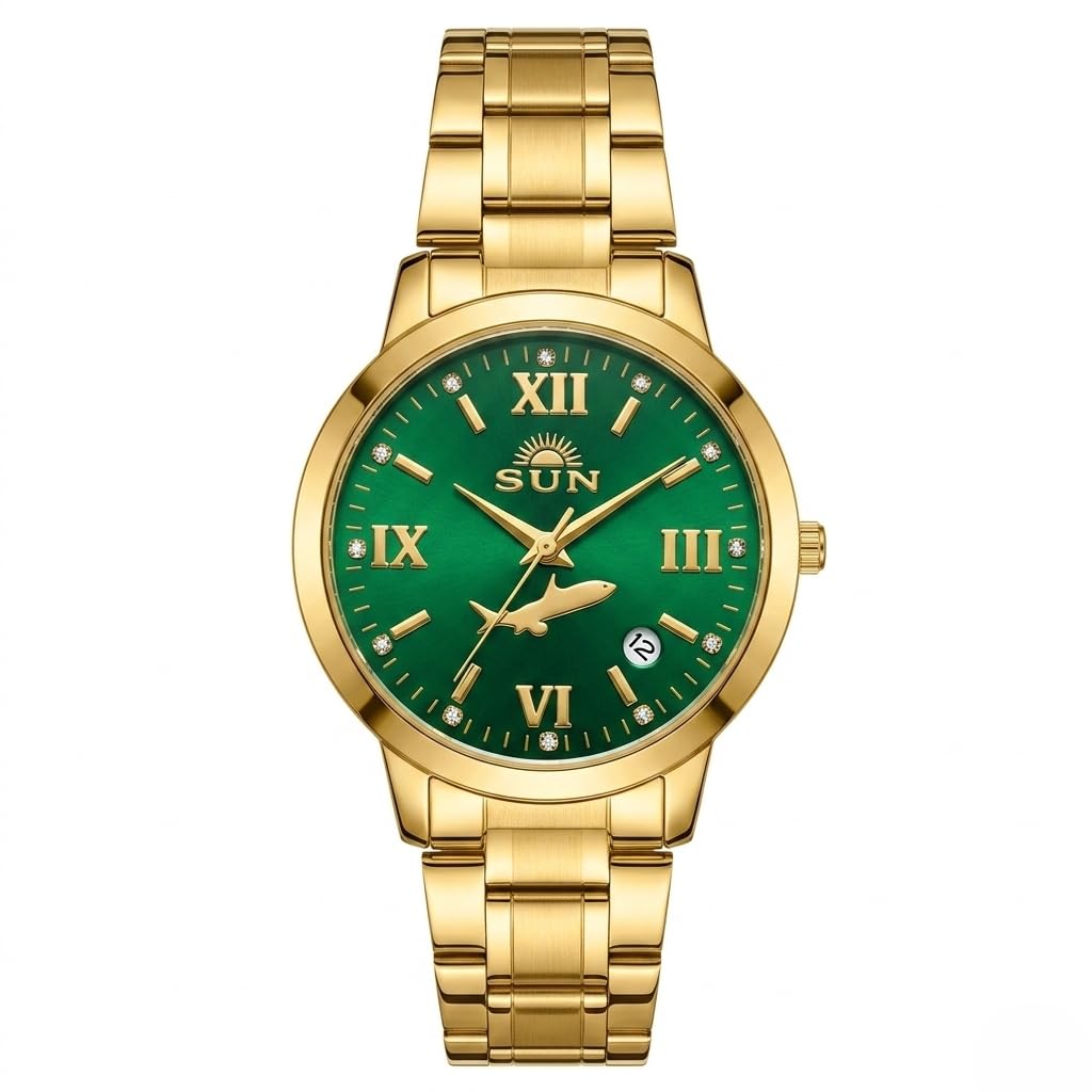 Sun Premium Therapy Women's Analogue Watch with Green Dial, Gold-Tone Stainless Steel Strap, Diamond Accents, Date Display-image-1