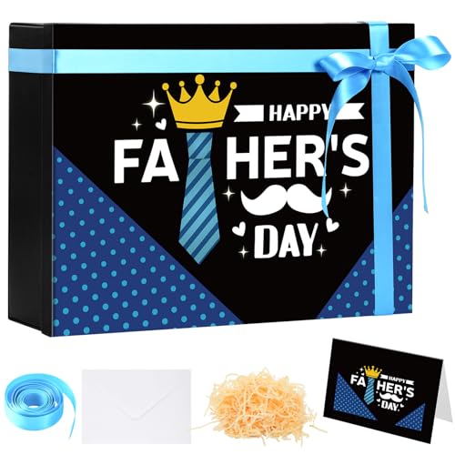 Ctosree 13.5 x 10 x 4 Inch Large Happy Fathers Day Gift Box with Lid for Presents Black and Blue Large Luxury Foldable Cardboard Box for Gift Packing Contains Card Envelope Ribbon Raffia Grass
