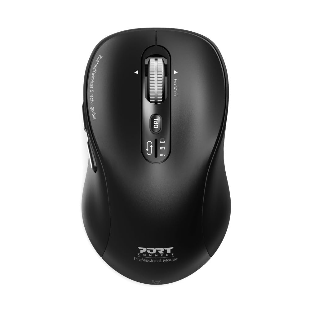 Port Connect Kabellose Maus für PC Pro, 2,4 GHz, Bluetooth, wiederaufladbar, USB-C, leise, 6 Tasten, Schwarz