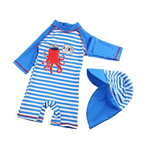 Digirlsor Toddler Baby Boys One Piece Rashguard Swimsuit Long Sleeve Sun Protection Stripe Octopus Swimwear with Hat Blue