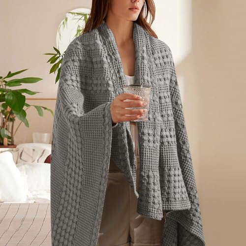 Image of PHF 100% Cotton Waffle Throw Blanket for Couch, Lightweight Breathable and Soft for Summer, Luxury Aesthetic Waffle Weave Blanket for Home Decor & Office, Gifts for Women, 50 inchx60 inch, Dark Grey