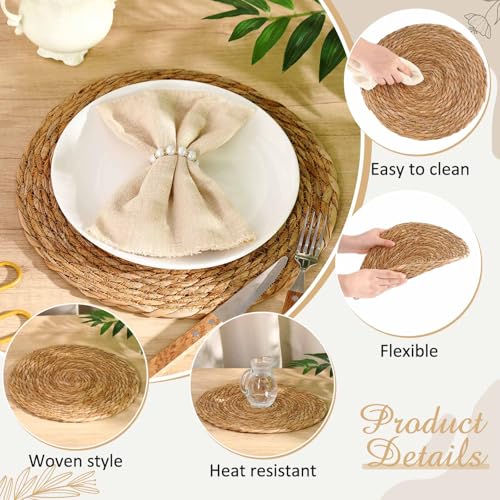 Image of 30 Pcs Cattail Round Woven Placemats Set, Cattail Placemats with Pearl Napkin Rings Boho Farmhouse Rustic Woven Chargers Natural Mat Bulk for Wedding Party, Dinner Table (13 Inch)