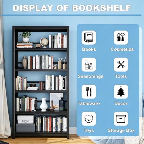Image of 69 inch Tall Bookshelf, Industrial Bookcase, Easy Assembly, Black | Heavy Duty Metal, 5 Tier Display Storage Shelves, For Home Office, Living Room, Study
