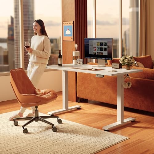 Image of FEZIBO 55 x 24 Inchs Electric Standing Desk, Height Adjustable, Sit Stand Up, Computer Office Desk with Splice Board, White Frame /White Top