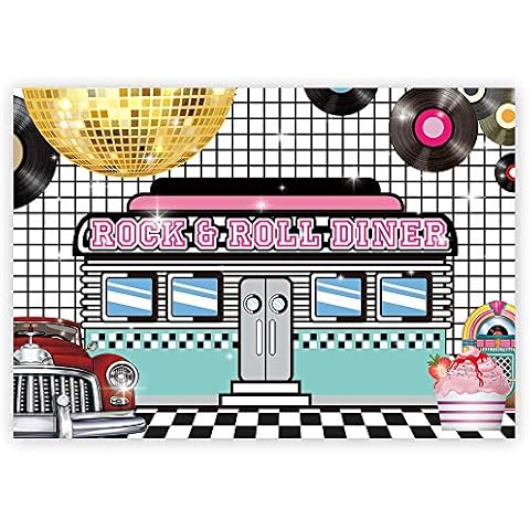 Funnytree 7x5ft 50s Retro Rock N Roll Diner Party Backdrop Sock Hop Dance Cosplay Prom Photography Background Classic 1950s Baby Adult Birthday Wedding Banner Cake Table Decoration Photo Booth Cover