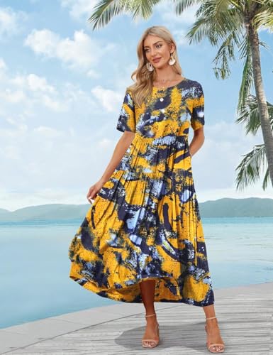 YESNO Women Dresses Casual Plus Size Bohemian Short Sleeve Floral Long Maxi Summer Beach Swing Dress/Pockets XL EJFUK CR141 - Image 2