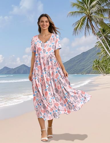 Image of YESNO Women's Summer Maxi Dresses Casual Floral Short Sleeve V Neck Boho Beach Vacation Swing Dress with Pockets EVF