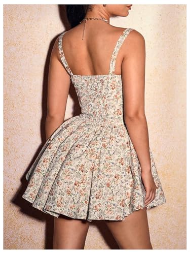 Image of WDIRARA Women's Floral Print A Line Mini Dresses Bow Smocked Ruffle Hem Cami Dress