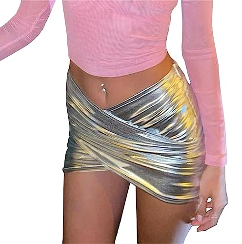 Women's Shiny Silver Metallic Cross Mini Skirt Holographic Ruched Wrap