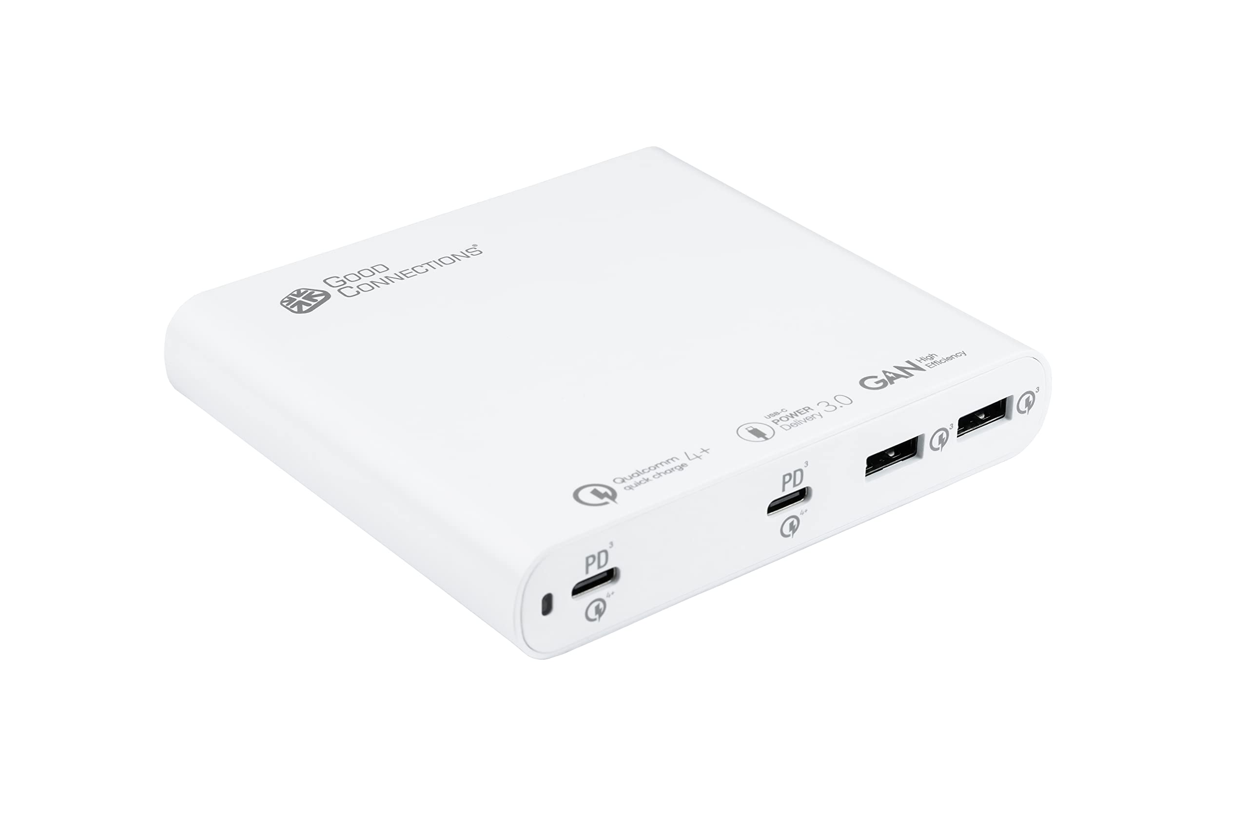 Good Connections Estación de carga rápida USB de escritorio de 120 W – Tecnología GaN – 4 puertos – 2 x USB-C max cada uno de 100 W y 2 puertos USB-A max de 18 W – total 120 W – PD 3.0, QC 4+ – para