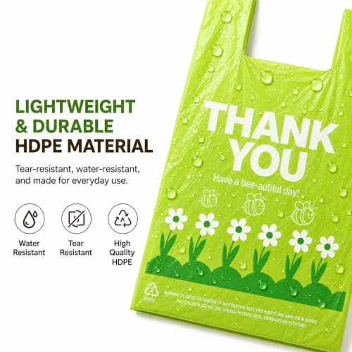 Image of YoYoRain 1000 Pack Green Thank You T-Shirt Bags with Handles, 11.5 inch x 6.25 inch x 21 inch, Reusable & Disposable Grocery Shopping Bags for Retail & Takeout