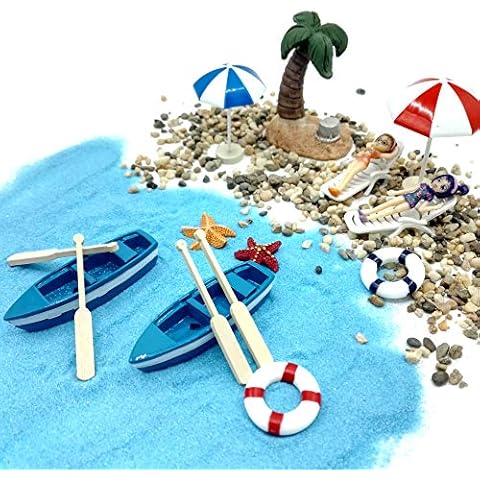 EMiEN 18 Pieces Beach Style Miniature Ornament Kits Set for DIY Fairy Garden Dollhouse Decoration, Blue Sand,Cute Figures,Beach Chair,Boat,Oars,Beach Umbrellas, Coconut Palm,Lift Buoy,Starfish Cover