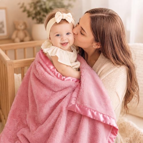 Image of Pro Goleem Fleece Baby Blanket with 2 Inch Satin Trim Soft Anti-Static Plush Blanket for Boys and Girls Christmas Baby Gifts for Babies 30''x40''，Blush Pink