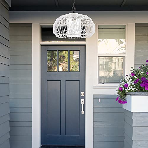 Novogratz X Globe 44760 1-Light Outdoor Plug-In Pendant Light, White Woven Fabric Shade, Matte White, Designer White Fabric Hanging Cord, E26 Base Socket, Kitchen Island, Café, Ceiling Hanging Light #TOP2