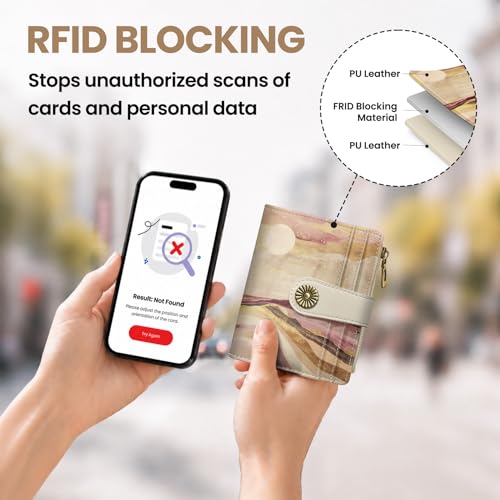 Image of Small Wallet for Women, RFID Blocking Bifold Card Holder Wallet with 10 Card Slots, Cash Compartment, Zipper Coin Pocket & ID Window, Cute Soft Vegan Leather Compact Wallet, Landscape