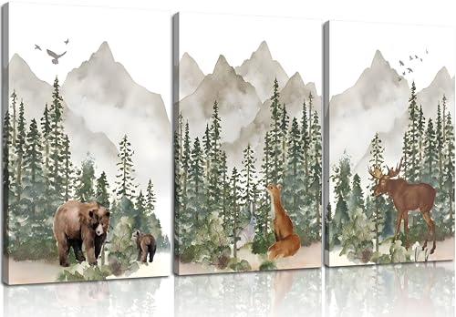 Image of 3Pcs Woodland Nursery Wall Art Wild Animals Posters Pictures Foggy Forest Canvas Prints Adventure Theme Kids Wall Decor Watercolor Paintings for Children Boys Room Girls Room Framed