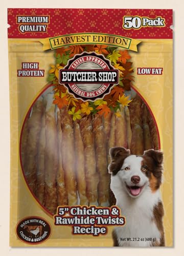 Butcher Shop Harvest Edition 5 Inch Chicken and Rawhide Twists Dog Treats 50 Pack