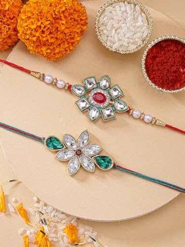 Image of Sukkhi Elegant Kundan Designer Gold Plated Premium Rakhi for Brother, Roli Chawal & Greeting Card | Combo-Set of 2