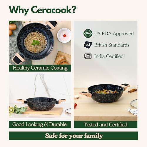 Image of Kreme Ceracook Ceramic Coated Granite Kadai 2.5L (24cm) with Glass Lid, Frying Kadhai, ISI Certified, Forged Aluminium, Gas & Induction Use, Non Toxic Woks PFAS & PTFE Free, 1 Yr Warranty, Black