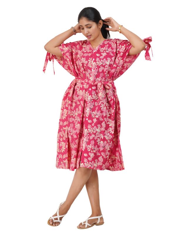 Image of MENMAII Oversized Cotton Full Button Dress for Women | Loose Fit with Fancy Sleeve Tie-Ups & Waist Tie-Up | Comfortable Casual Calf Length [Size : One Size fits Upto 3XL]