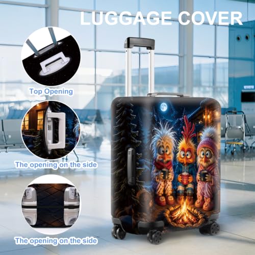 Image of Funny Winter Birds Campfire Luggage Cover Protective Suitcase Protector, Cute Cozy Owl Chick Elastic Washable Travel Baggage Cover Fits 28-30Inch Suitcase, Cool Christmas Holiday for Men Women,L