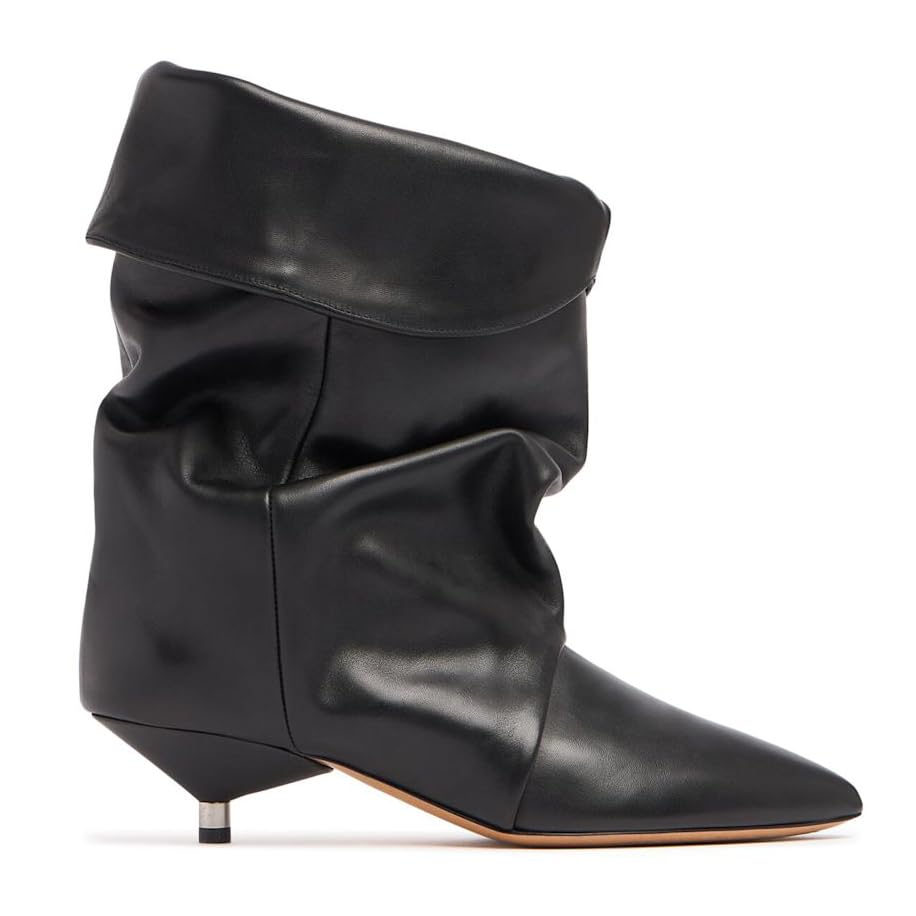 Womens Suede Ankle Boots Kitten Heel Pointed Toe Slouchy Fold Boots Slip On Causal Winter Cowboy Short Booties