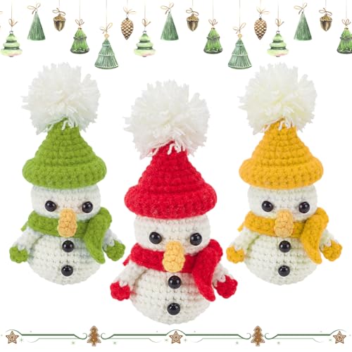 ACRNIGHEET 3PCS DIY Snowman Crochet Kit for Adult Beginners - Christmas Starter Kit With Step-by-Step Tutorials - Winter Decor Knitting Kit