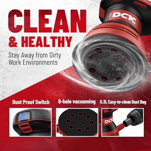 DCK Random Orbital Sander, 3.0 AMP Corded Palm Sander, 6 Speeds Max 12,000 OPM, 5-Inch with 10 pcs Sandpapers, Dust Bag, Low Vibration for Woodworking, Decoration Furniture (KSA125) thumbnail 5