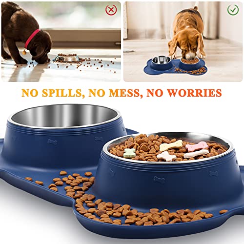 VIVAGLORY Dog Bowls, Dog Food Bowls, Stainless Steel Cat Puppy Water Bowls with Non Spill Skid Resistant Silicone Mat, Large, Navy Blue