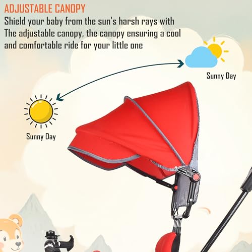 Image of BABY SMILE 4-in-1 Kids Tricycle with Adjustable Canopy, Parent Push Handle, Red and White (RED)