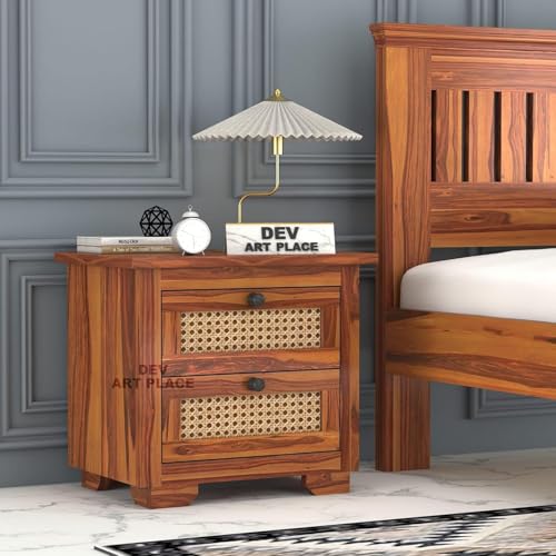 Image of Solid Sheesham Wood Bedside Table for Bedroom | Handmade Pure Wooden Bed Side Nightstand End Table with 2 Drawers Storage for Home & Bed Room | Rosewood, Honey Finish
