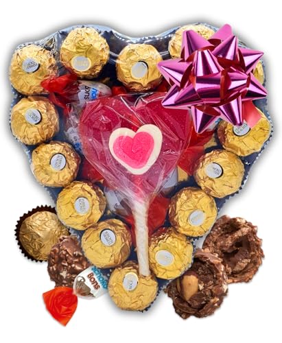 Corazon de Bombones Ferrero Rocher. 25 Unid. Kinder Shochobons y Super Piruleta. Regalo Ideal. [IAMI]