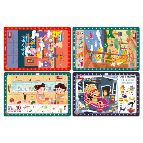 Image of ABYZ Wooden Jigsaw Puzzle - Cats and Mummy, Giraffe's Life, Cats in Kitchen, Kid's Mealtime, Playset for Little Explorers, 63 pcs - Pack of 4 | Birthday Gift for (3 Plus Years) Age Kids.