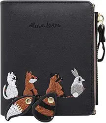 Carteira Feminina Delicada com Bordado Animal Estilo Nórdico - Porta-Cartões e Moedas com Zíper Compacta e Segura