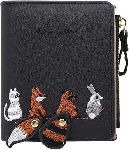 Carteira Feminina Delicada com Bordado Animal Estilo Nórdico - Porta-Cartões e Moedas com Zíper Compacta e Segura