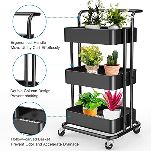 Storage Trolley Cart - 3 Tier Rolling Utility Organizer Rack, Craft Art Cart, Multi-Purpose Organizer Shelf, Tower Rack Serving Trolley for Office Bathroom Kitchen Kids’ Room Laundry Room, Black - Image 4