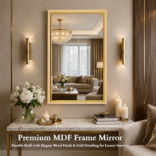 Image of Rousrie Premium Framed Glass Wall Mount Mirror, Decorative, for Bathroom, Bedroom, Living Room, Dressing Room, Wash Basin and Entryway (18 by 24 Inch) (Light Brown)