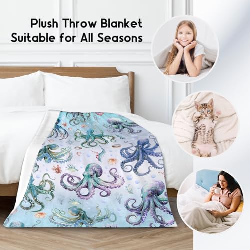 Octopus Blanket for Women, Cute Soft Gifts for Ocean Lovers, Cozy Flannel Throw for Bed Living Room, 60"x80"