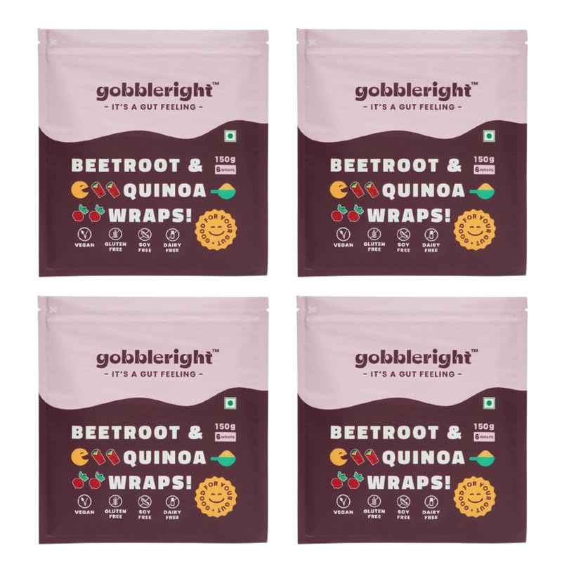Image of GOBBLERIGHT Beetroot & Quinoa Wraps 150g (6 Wraps - Pack of 4) | 67 Kcal Per Wrap | Healthy Frozen Multigrain Tortilla for Burrito, Shawarma, Tacos | Low-Calorie & High-Protein | Gluten Free & Vegan